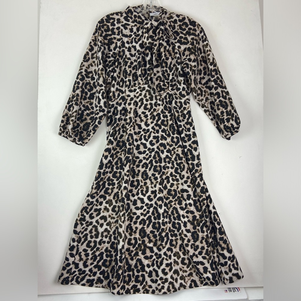 Calvin Klein Long Sleeve Tie Neck Animal Print Cheetah Dress Size 2 (757)